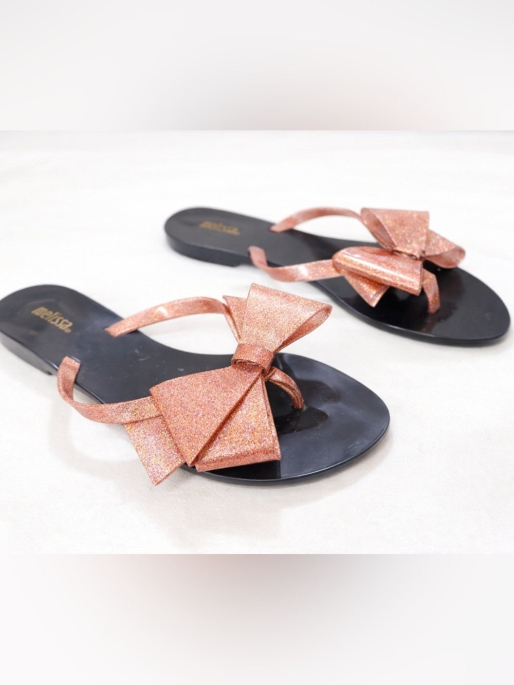 Melissa Rose Gold Glitter Bow Flip Flops Sandals Size 9